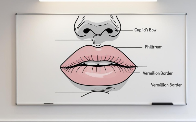 Illustrated diagram of basic lip anatomy, highlighting key zones like cupid’s bow, vermillion border, and lip peaks